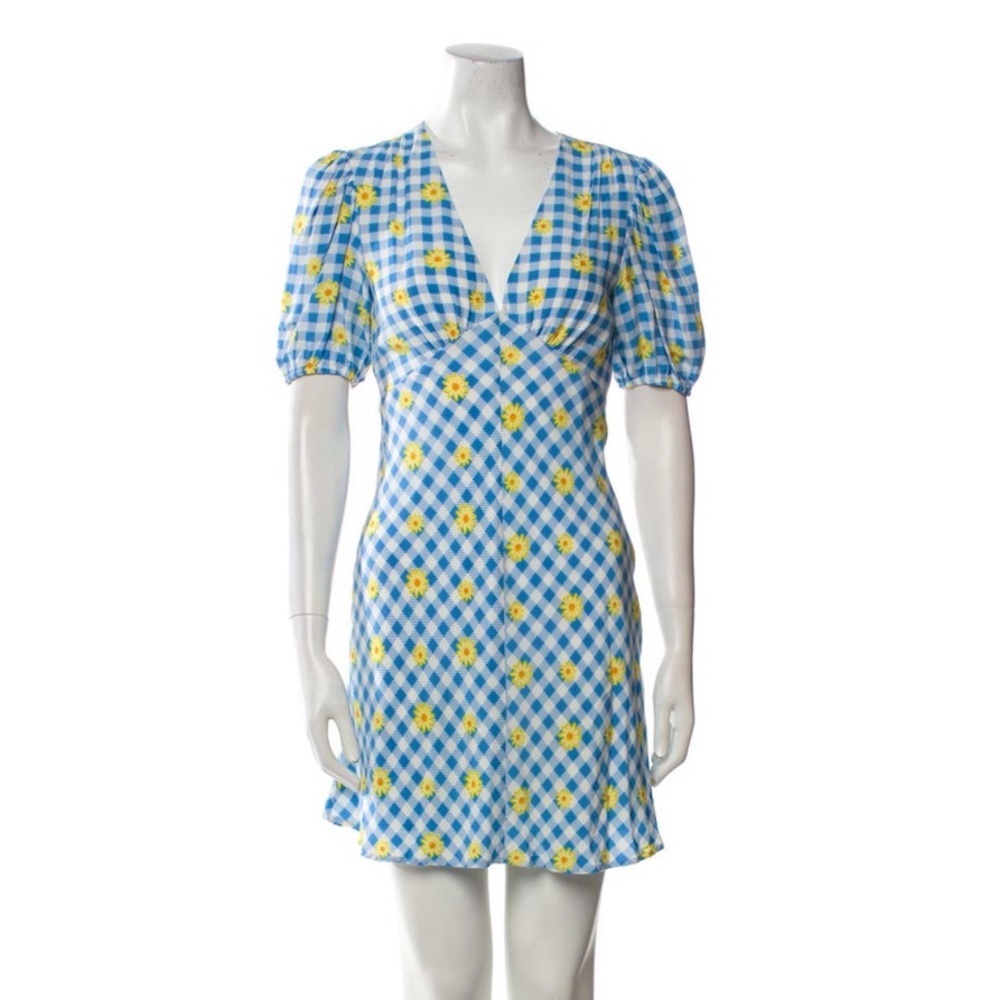 NWT STAUD Milla Mini Dress Gingham Daisy Plaid Blue and White Size 6 - Picture 6 of 12
